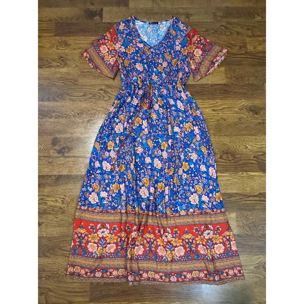 PRETTYGARDEN Boho Floral Maxi Dress Women’s Medium Bell Sleeve High Waist Beach